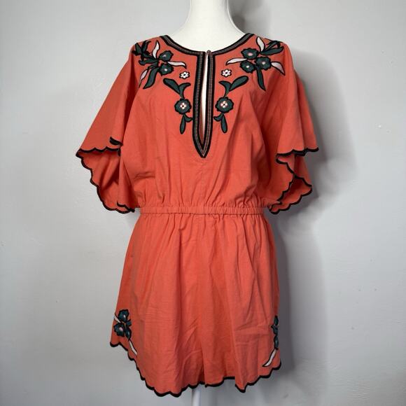 Free People Sophia Embroidered Romper Coral Orange Boho Floral Scalloped Large - Picture 2 of 15
